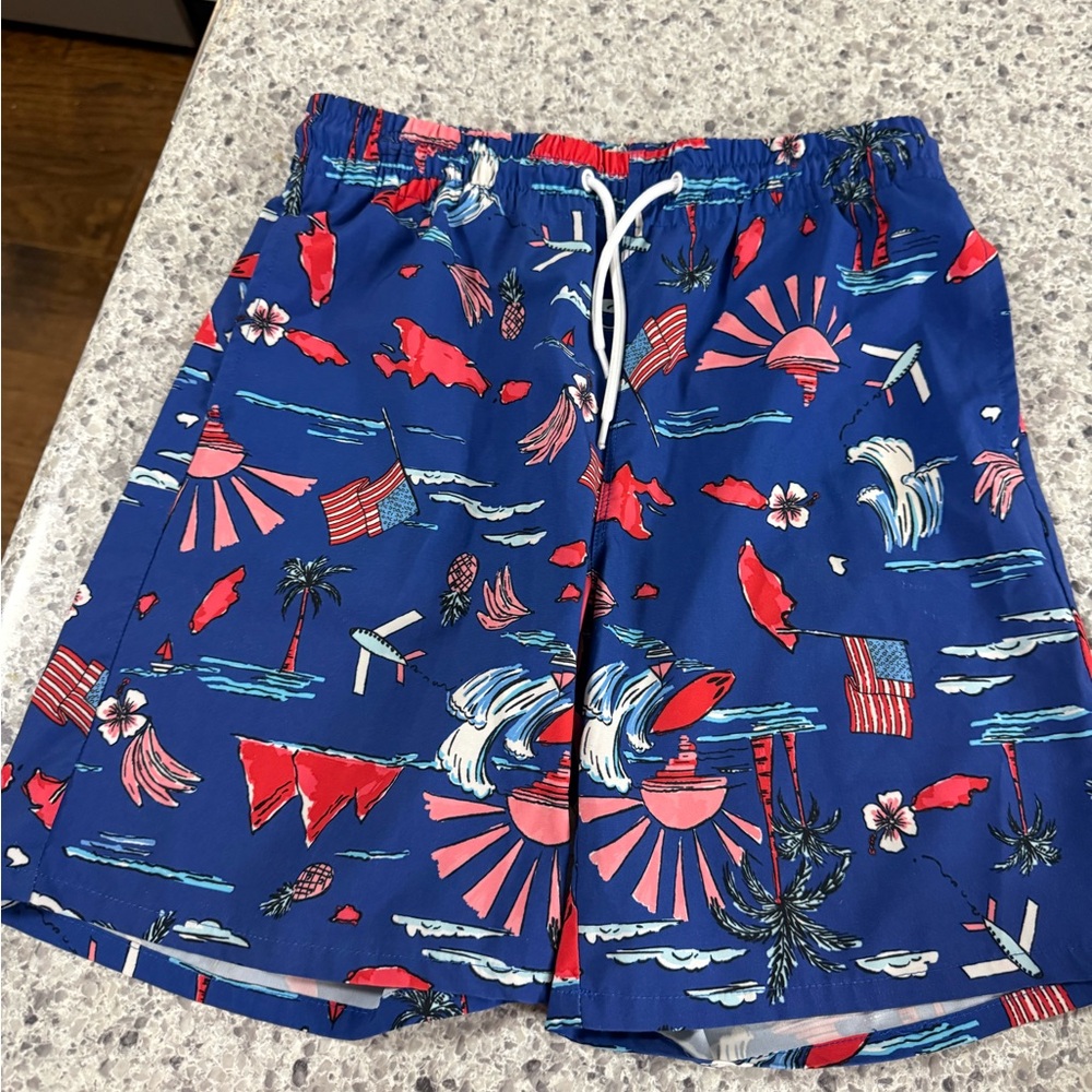 crown & ivy Blue Swim Shorts with Red and White Tropical Print